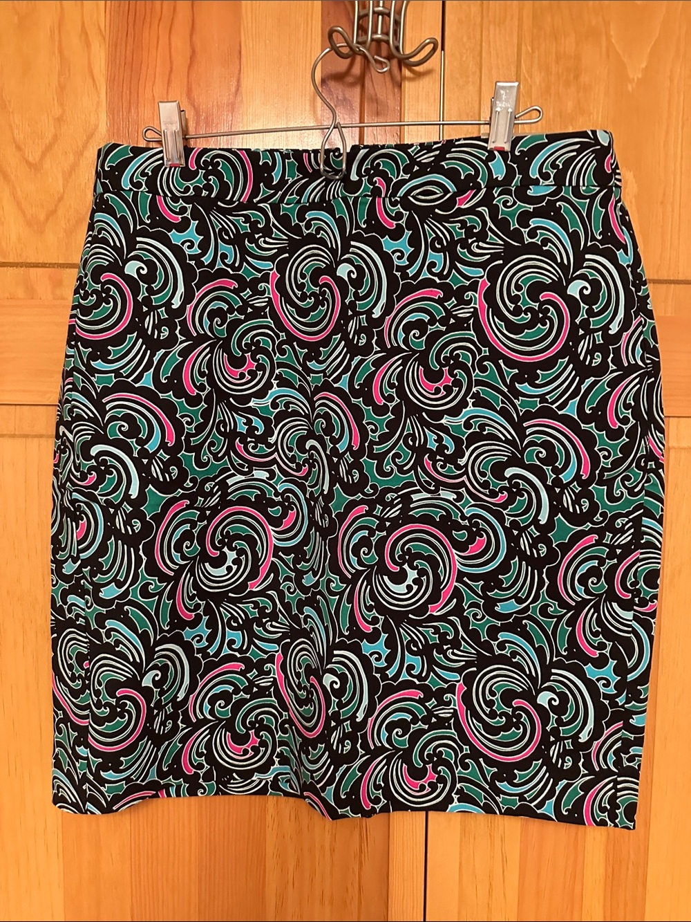 Banana Republic Black Mini Skirt with Aqua & Pink Swirl Print